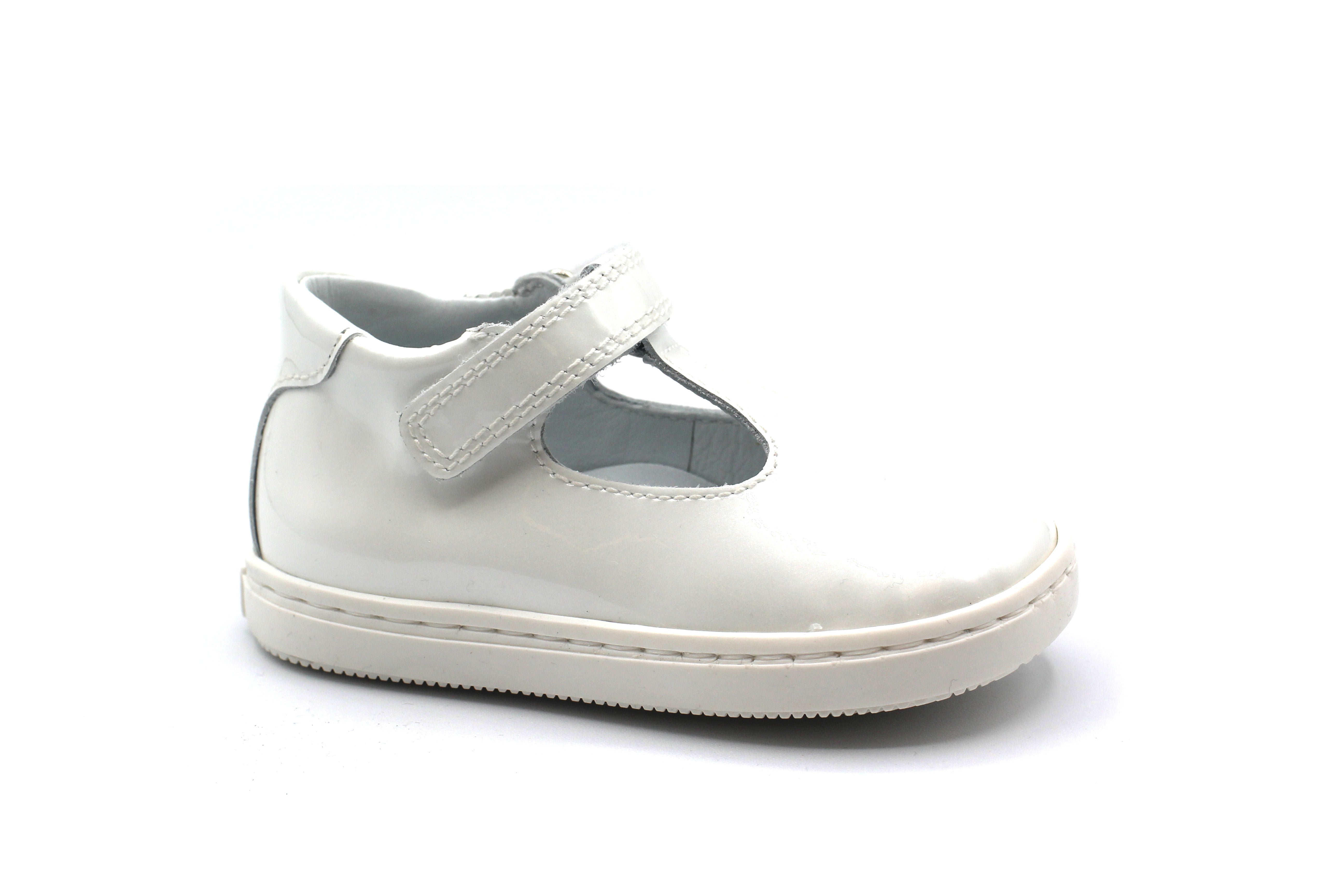 Beberlis White Patent Velcro T-strap