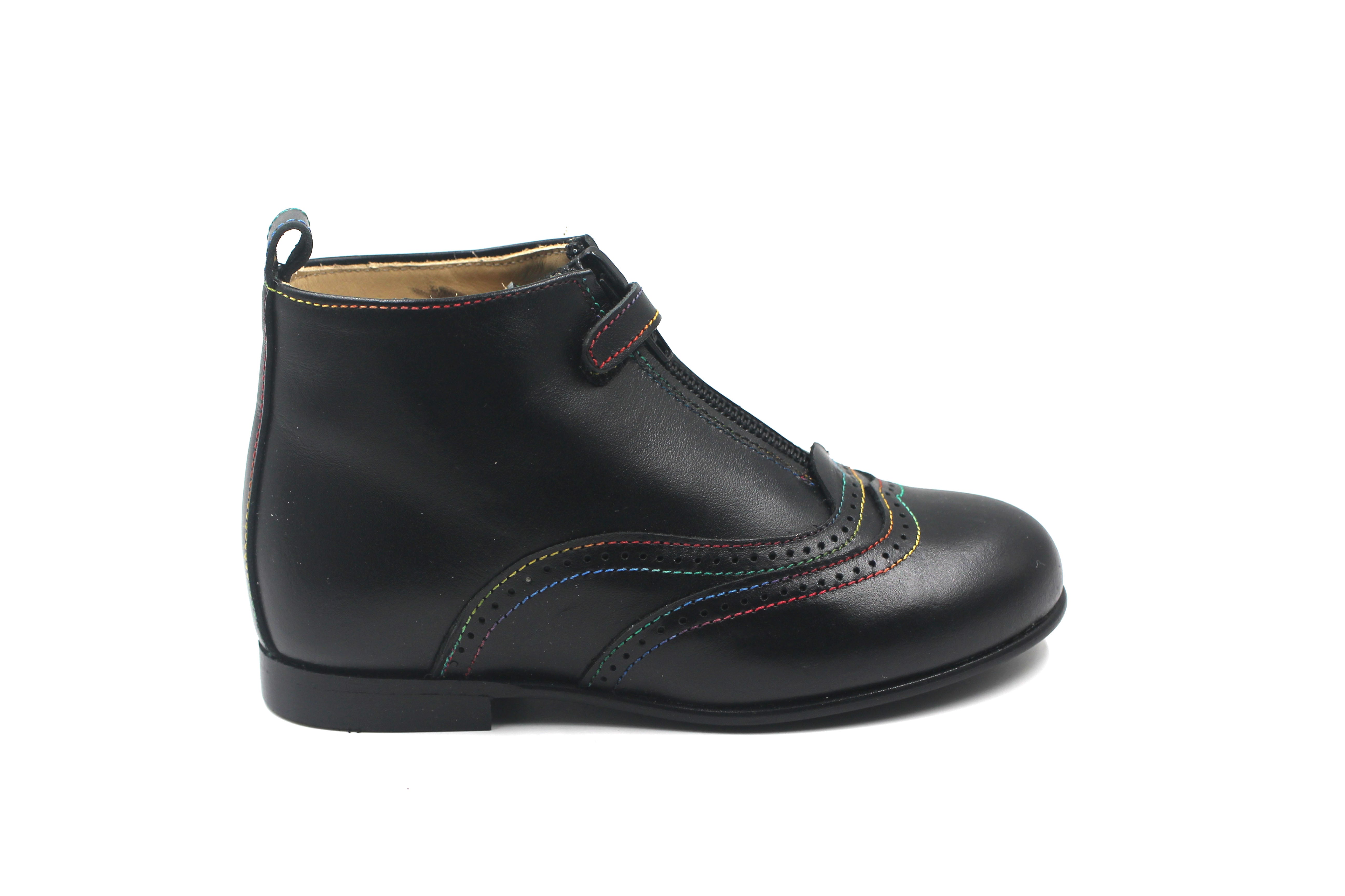 LMDI Black Leather Multicolor Stitching Wingtip Bootie