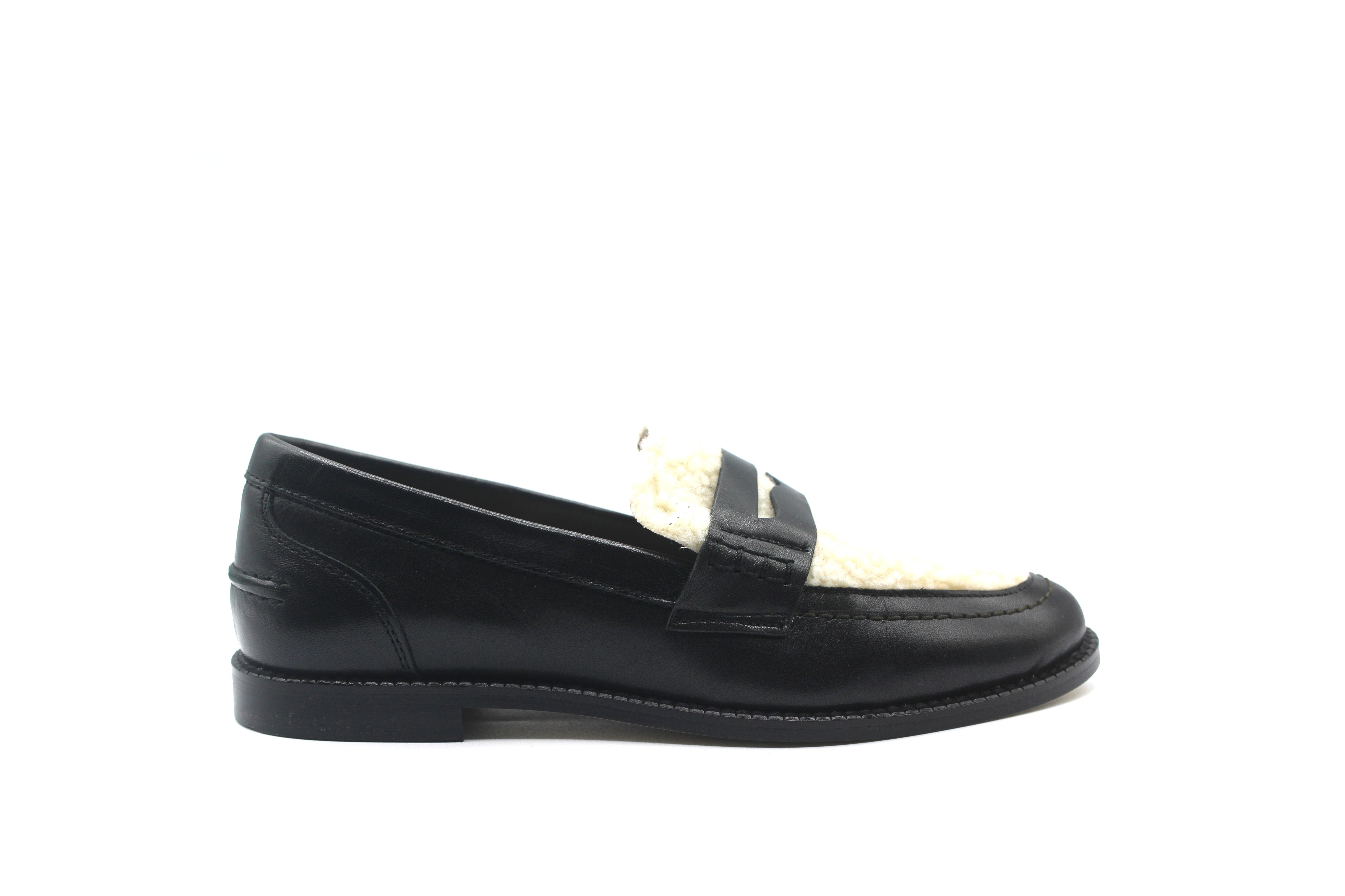 Valencia Black Leather Cream Sherpa Loafer