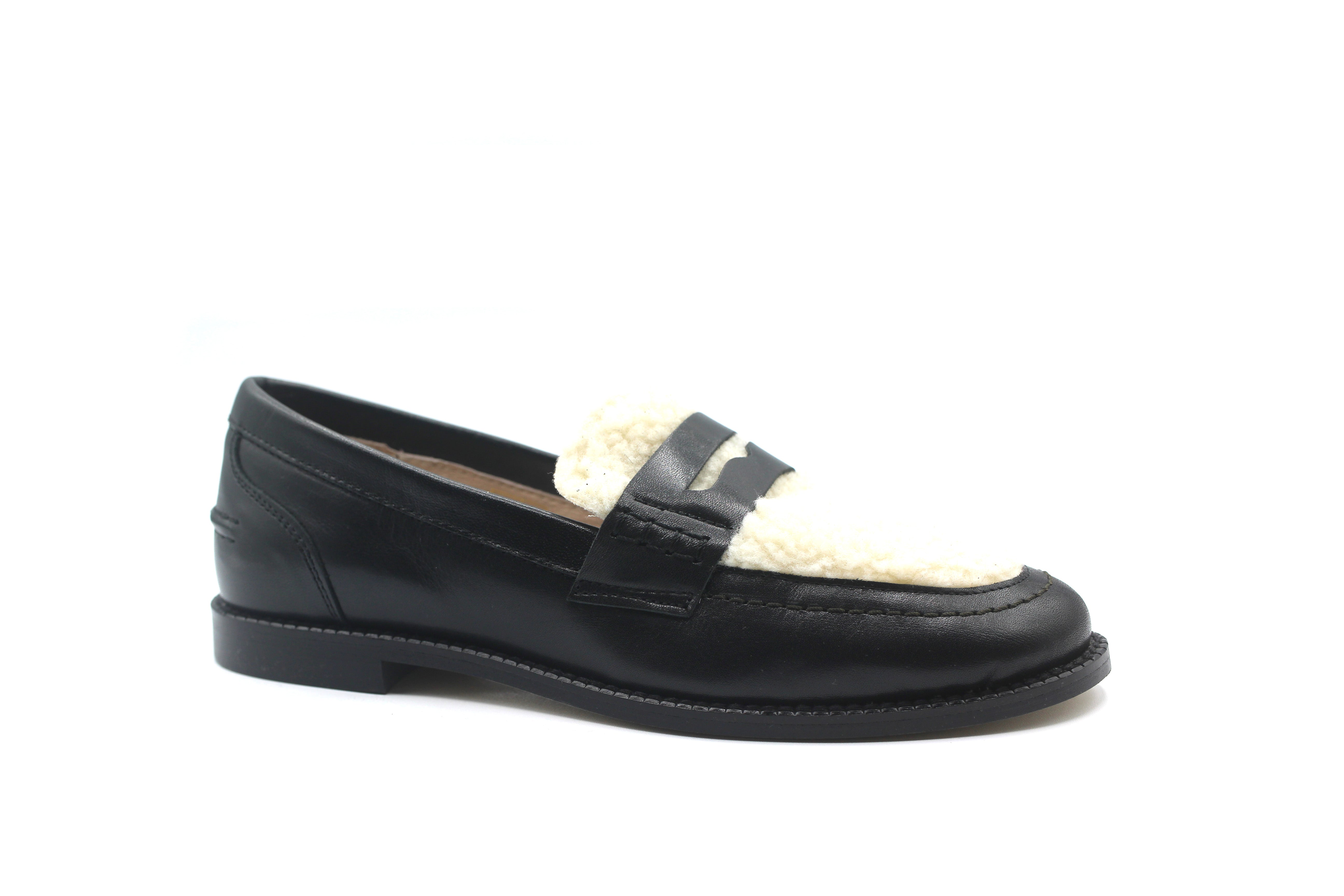 Valencia Black Leather Cream Sherpa Loafer